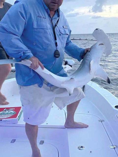 The captain shows off a shark catch